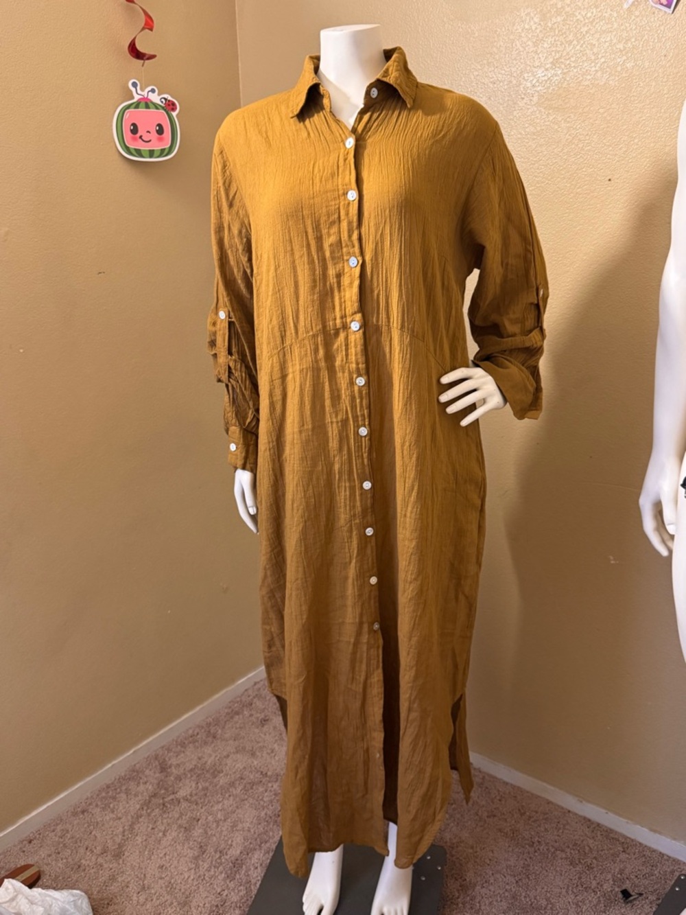 Women's Long Button-Front Shirt Dress in Mustard